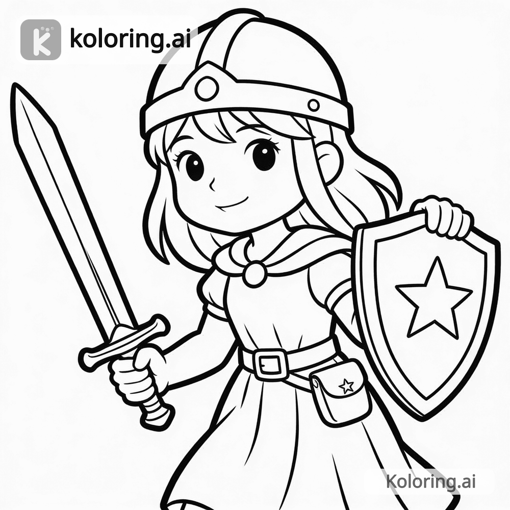 Black and white coloring page of warrior princess with a sword and shield