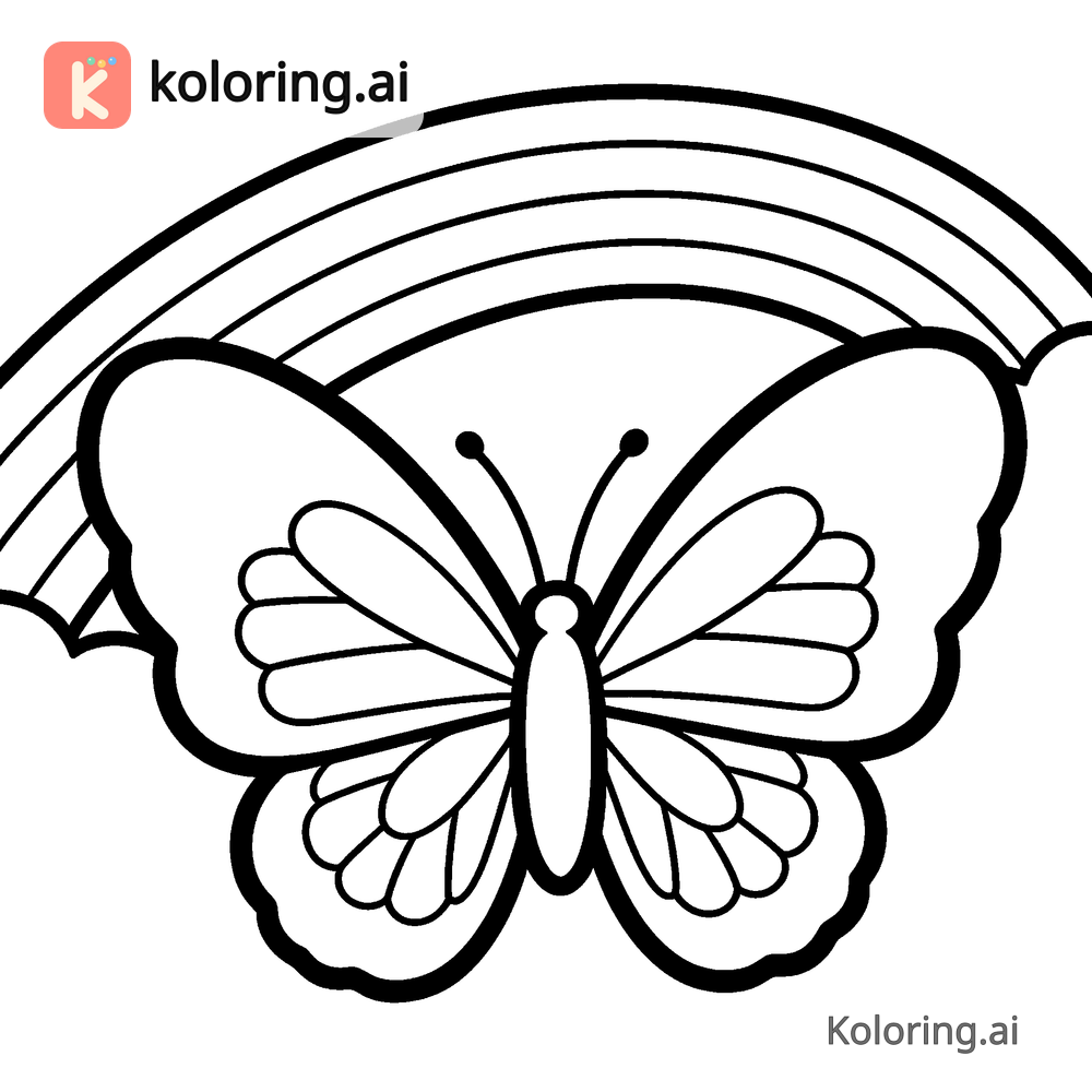 Black and white coloring page of butterfly trailing rainbow colors through the sky