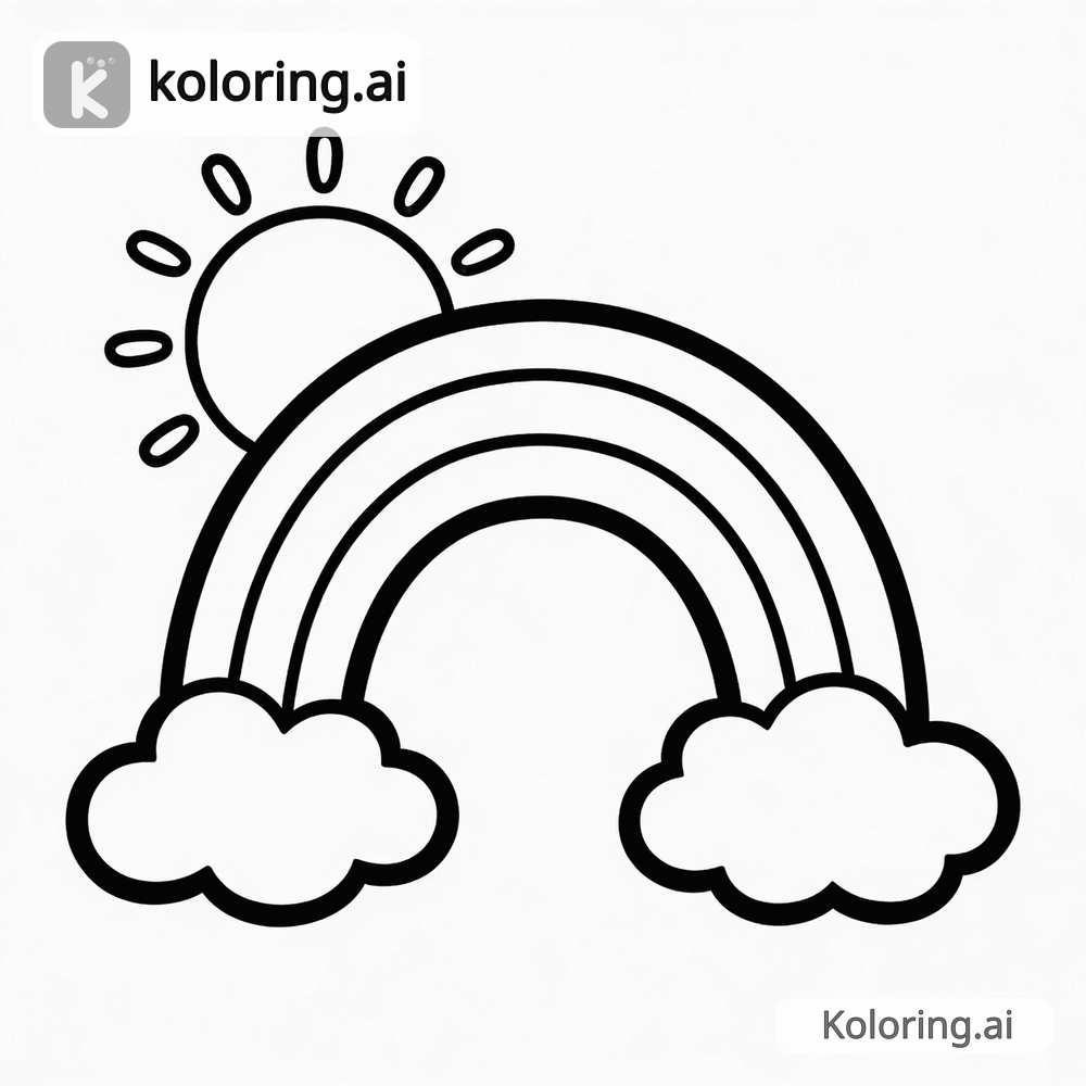 Black and white coloring page of double rainbow with clouds and sun