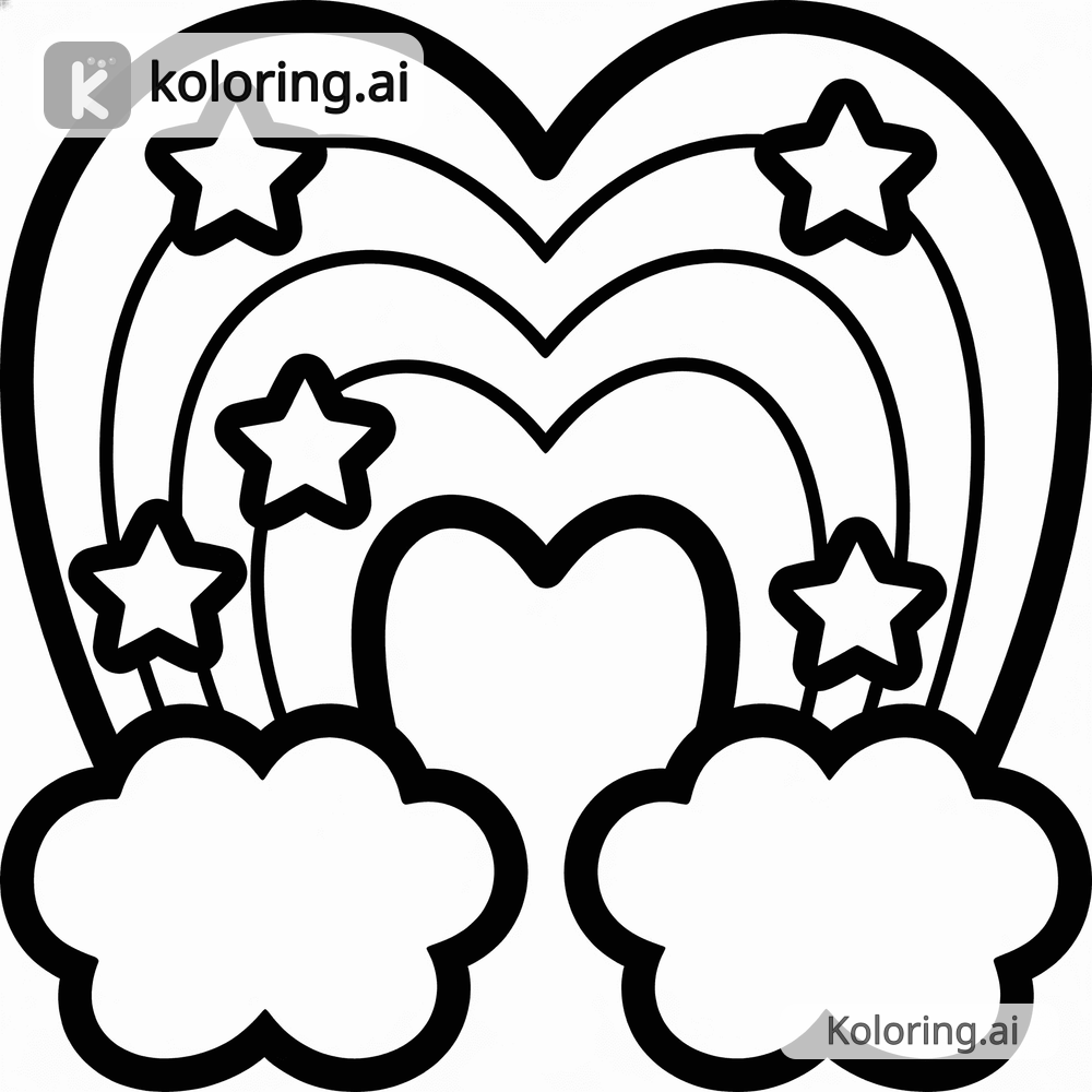 Black and white coloring page of heart-shaped rainbow with stars