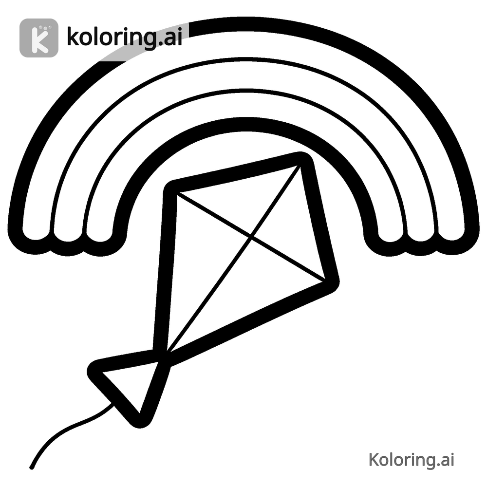 Black and white coloring page of kite flying beneath a bright rainbow
