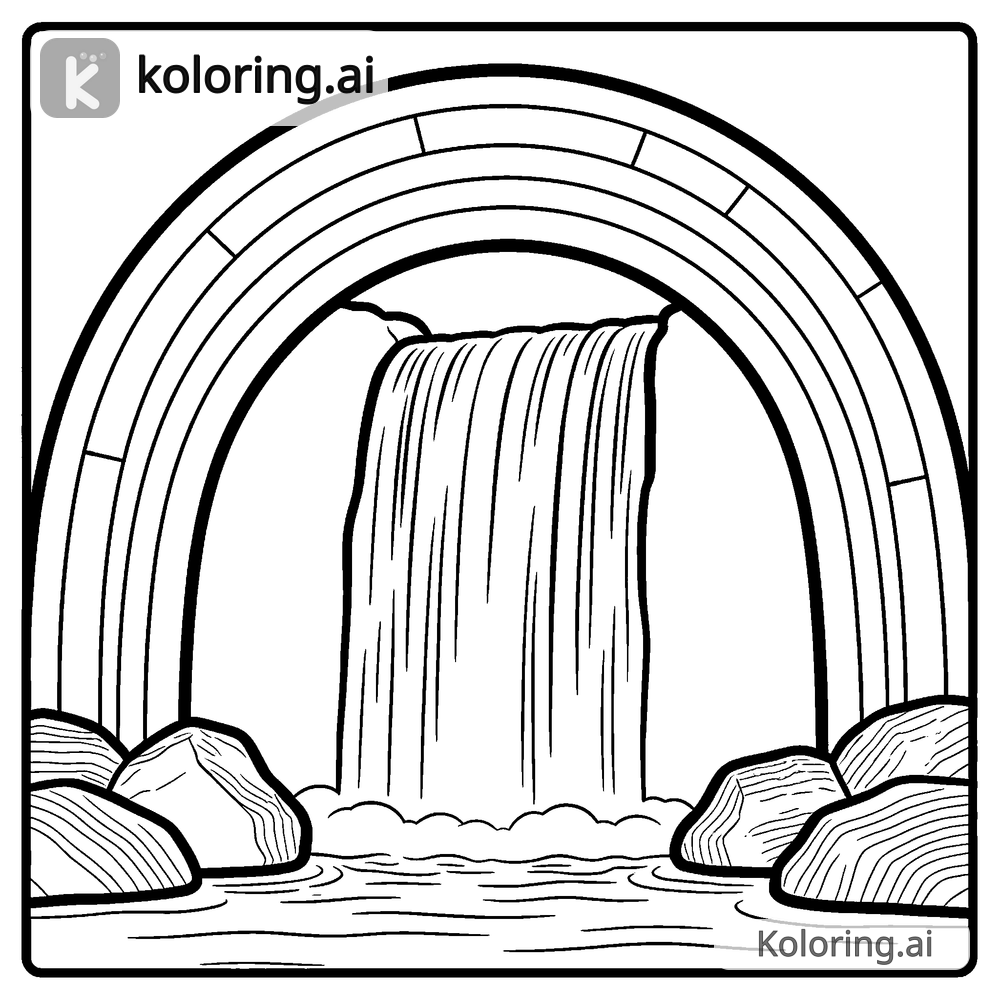 Black and white coloring page of rainbow arching over a waterfall