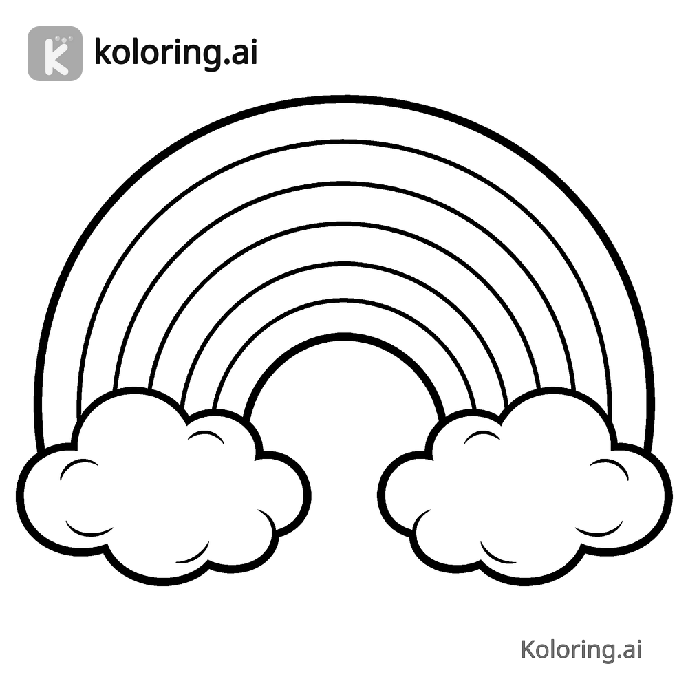 Black and white coloring page of rainbow bridge connecting two fluffy clouds