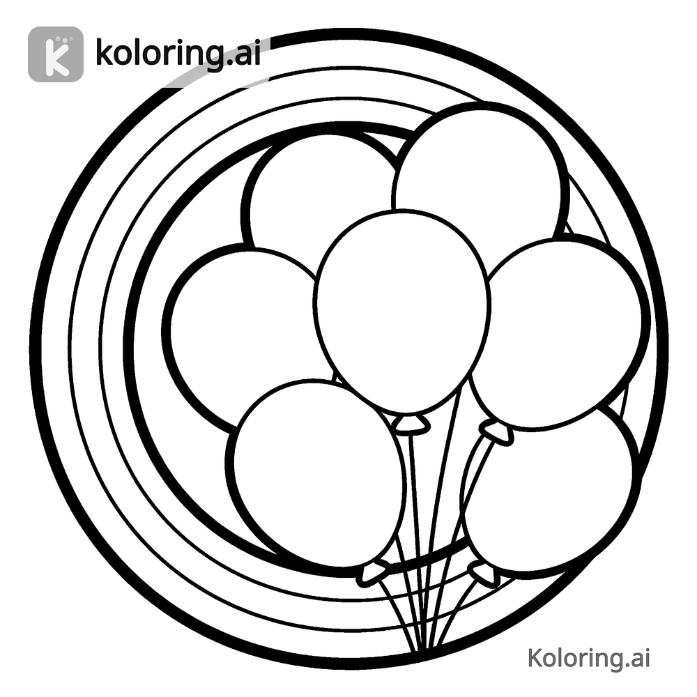 Black and white coloring page of rainbow circling a cluster of balloons