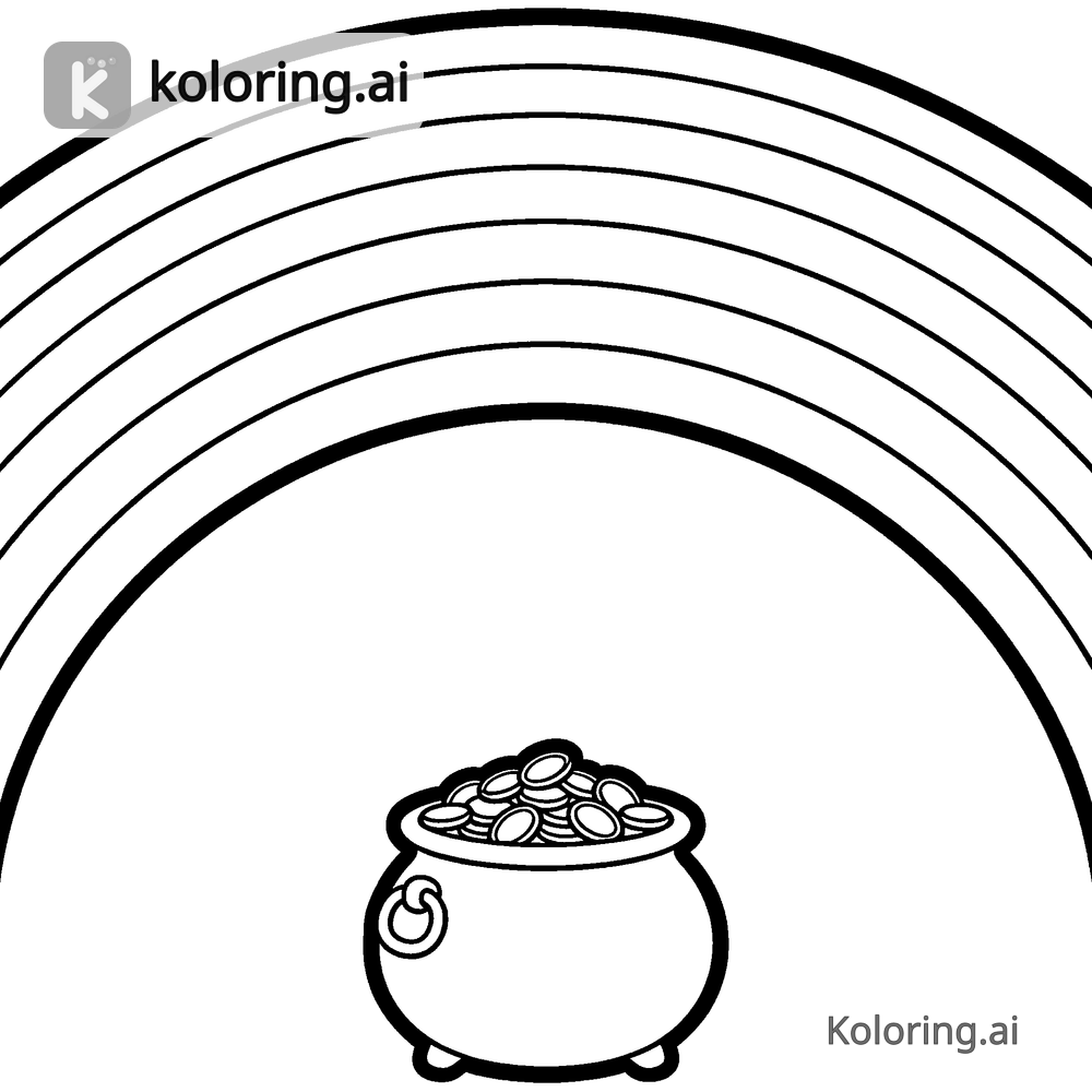 Black and white coloring page of rainbow ending in a pot of gold