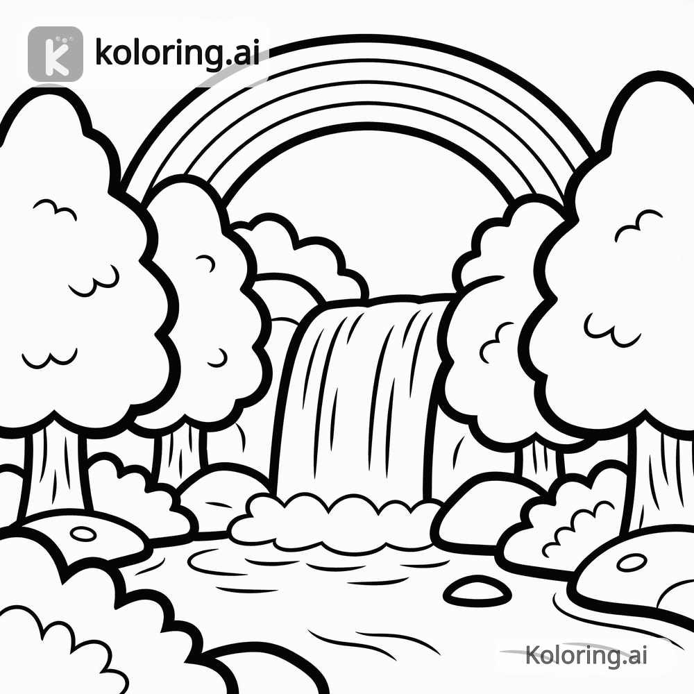 Black and white coloring page of rainbow over a waterfall in a forest