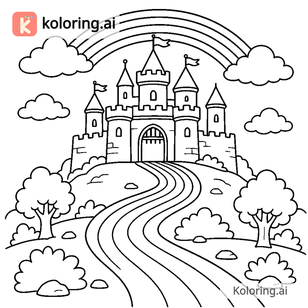 Black and white coloring page of rainbow path leading to a castle gate