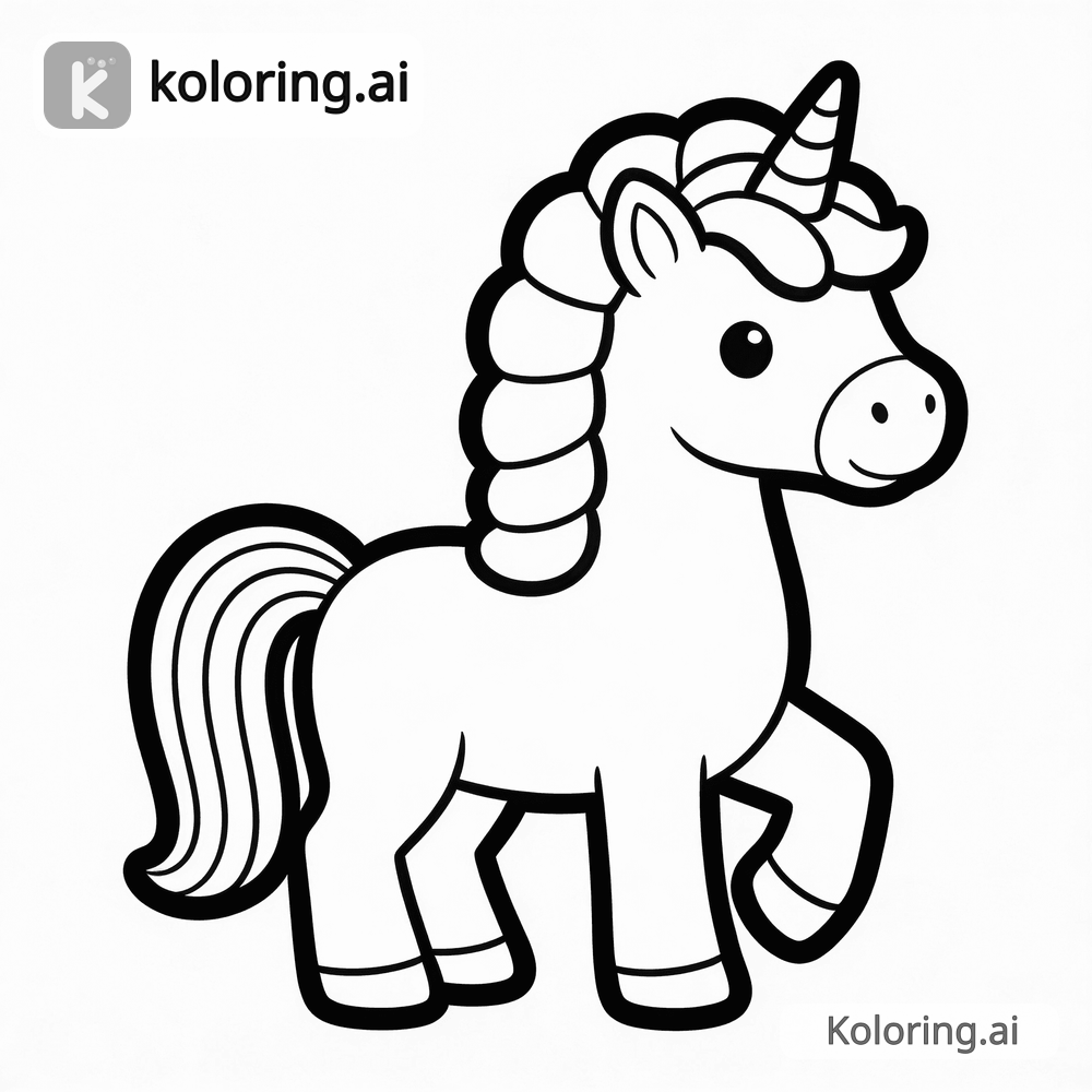 Black and white coloring page of galloping unicorn with a streaming rainbow tail