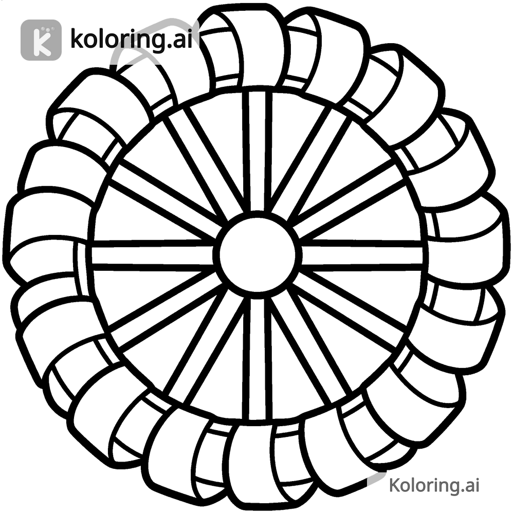 Black and white coloring page of rainbow wheel made of layered ribbons