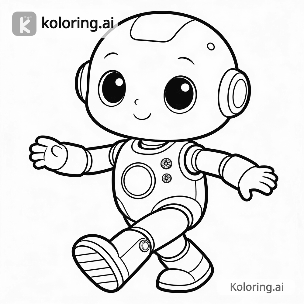 Black and white coloring page of baby robot learning to walk
