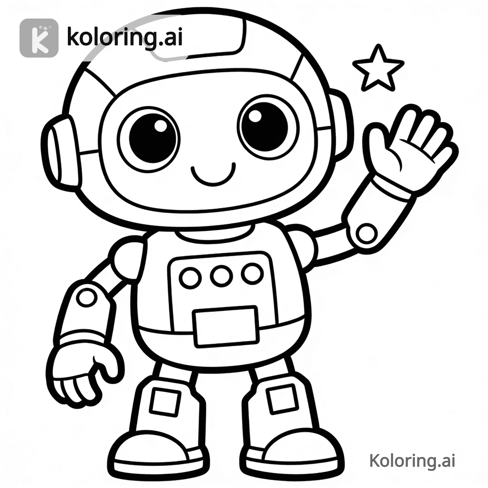 Black and white coloring page of friendly robot waving hello