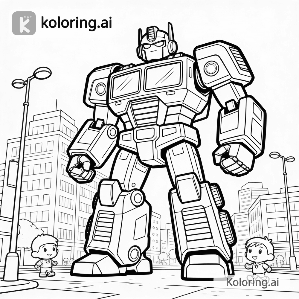 Black and white coloring page of giant robot standing heroic in a city