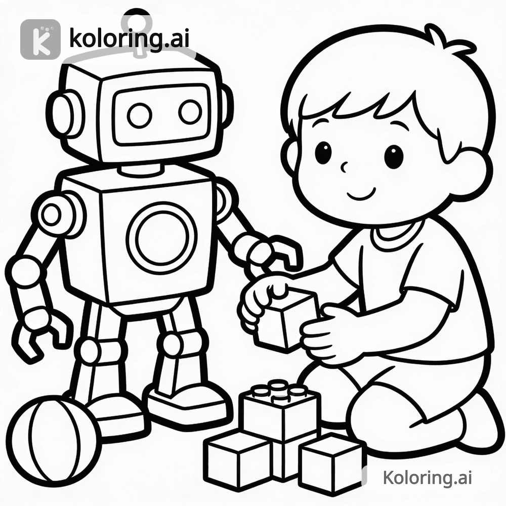 Black and white coloring page of robot and child playing together