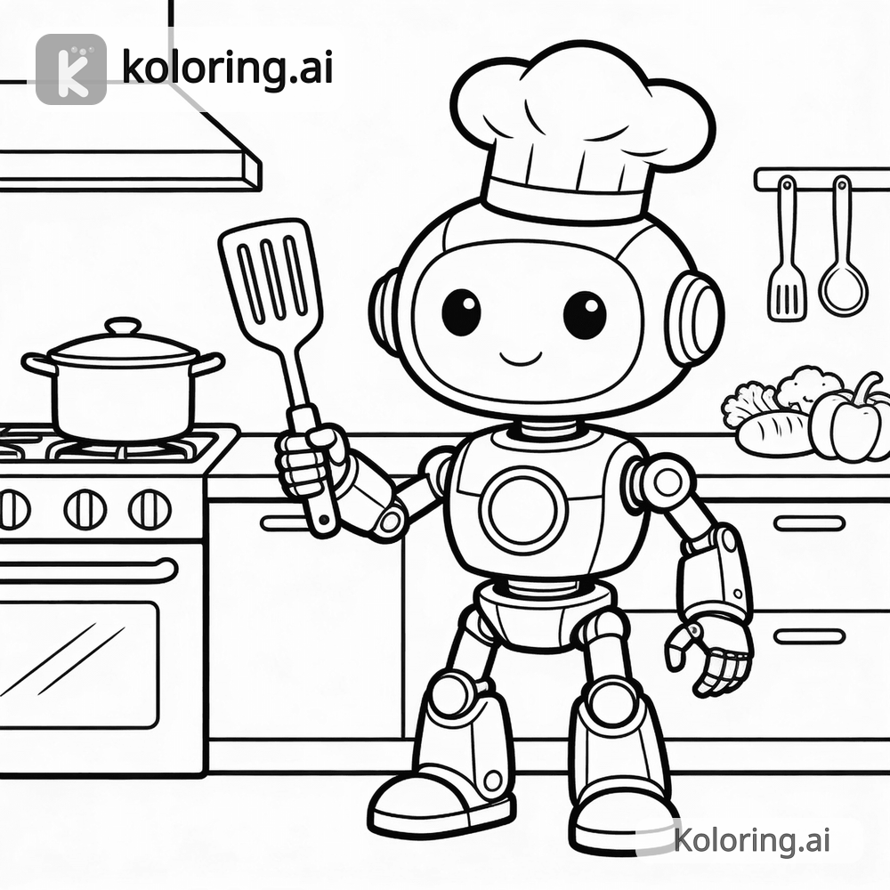 Black and white coloring page of robot chef cooking in a kitchen