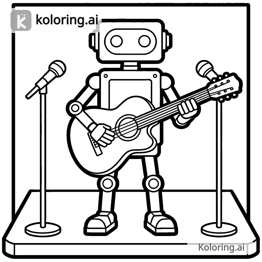 Black and white coloring page of robot playing guitar on stage