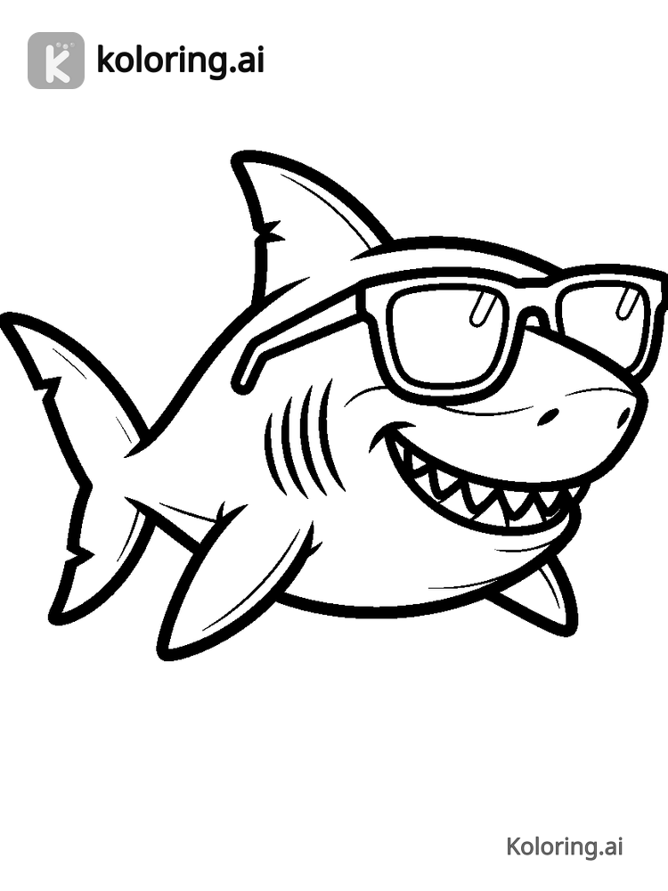 Black and white coloring page of cartoon shark wearing sunglasses