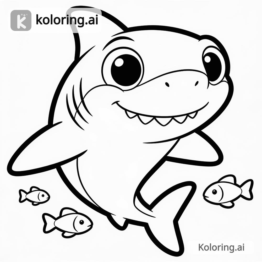 Black and white coloring page of friendly shark swimming with little fish