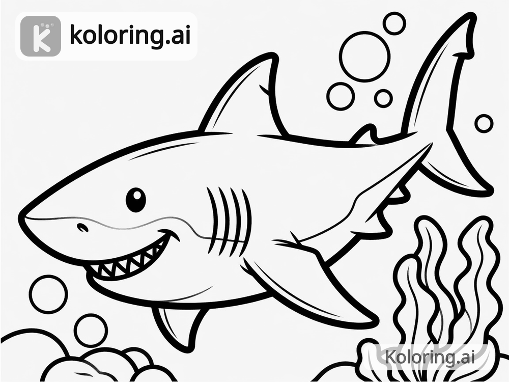 Black and white coloring page of great white shark swimming in the deep