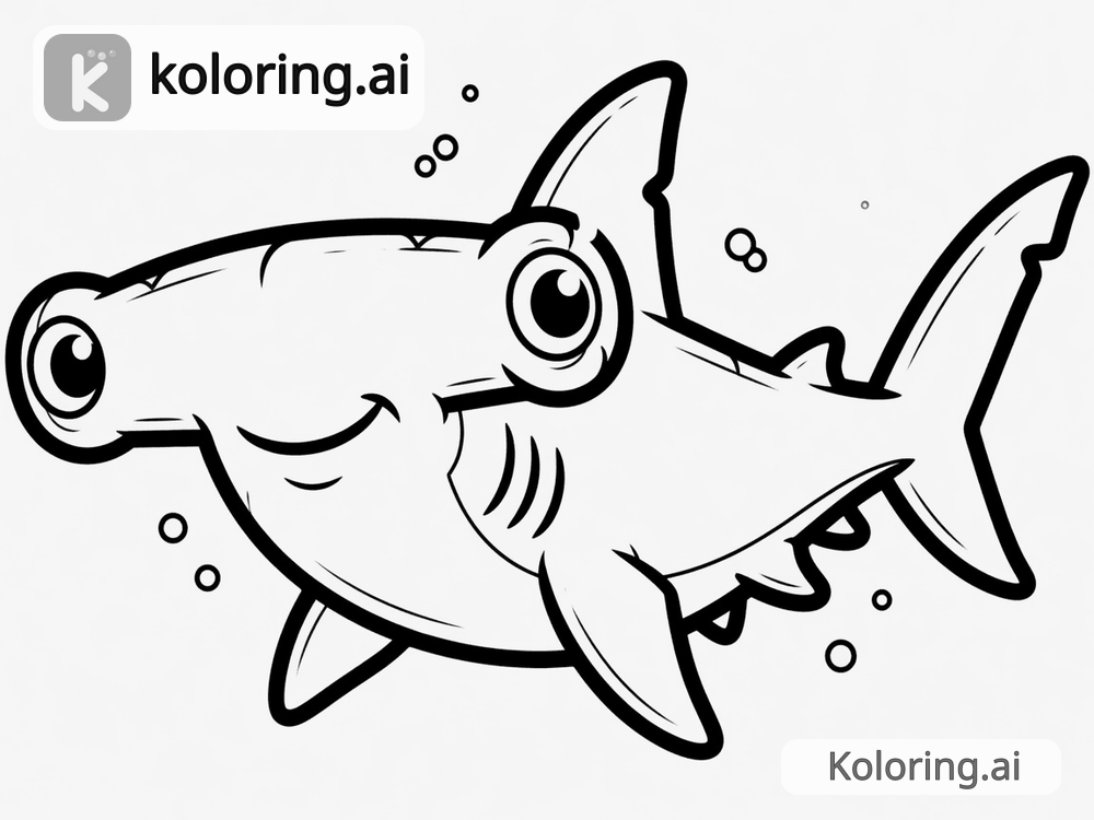 Black and white coloring page of hammerhead shark with wide eyes
