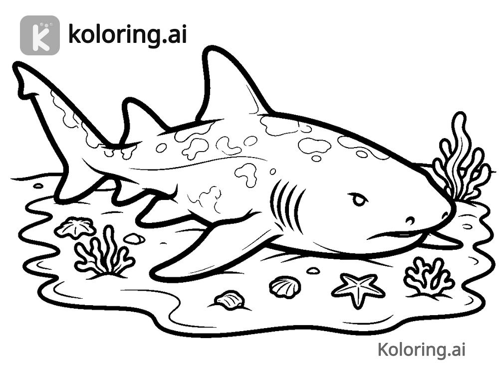 Black and white coloring page of nurse shark resting on the sea floor