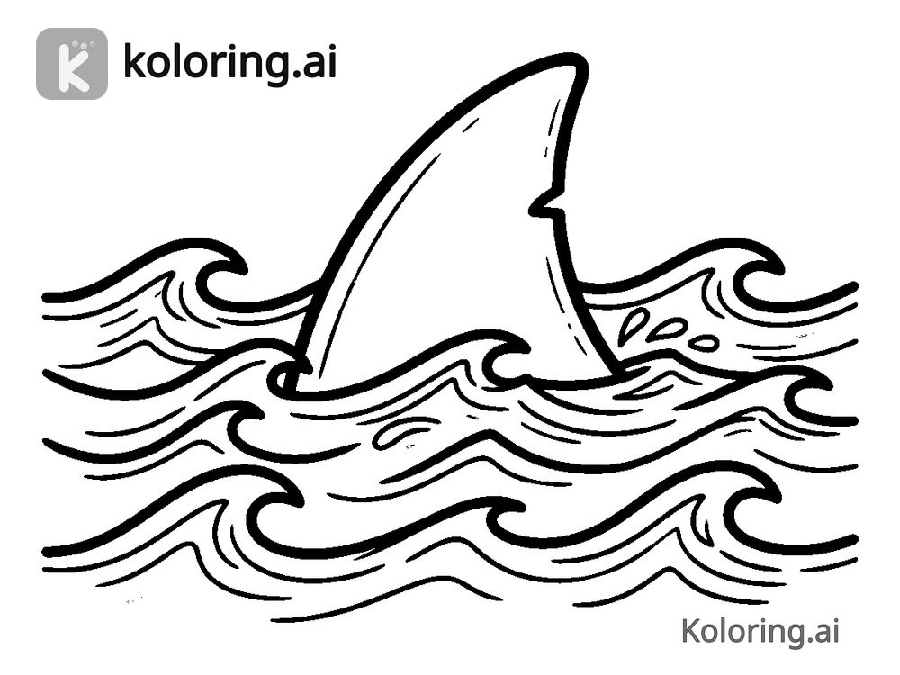 Black and white coloring page of shark fin above ocean waves