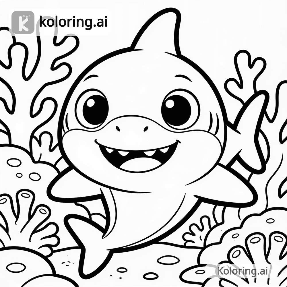 Black and white coloring page of smiling baby shark in a coral reef
