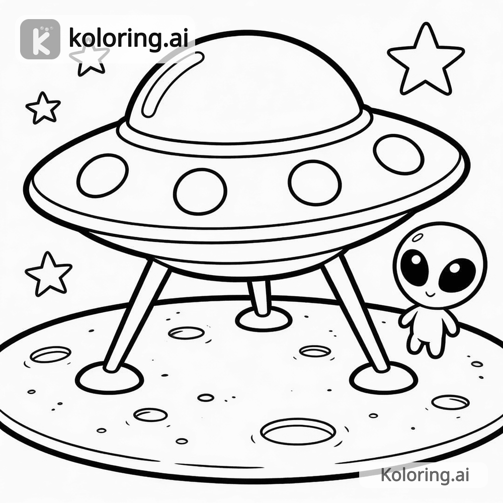 Black and white coloring page of alien spaceship landing on the moon