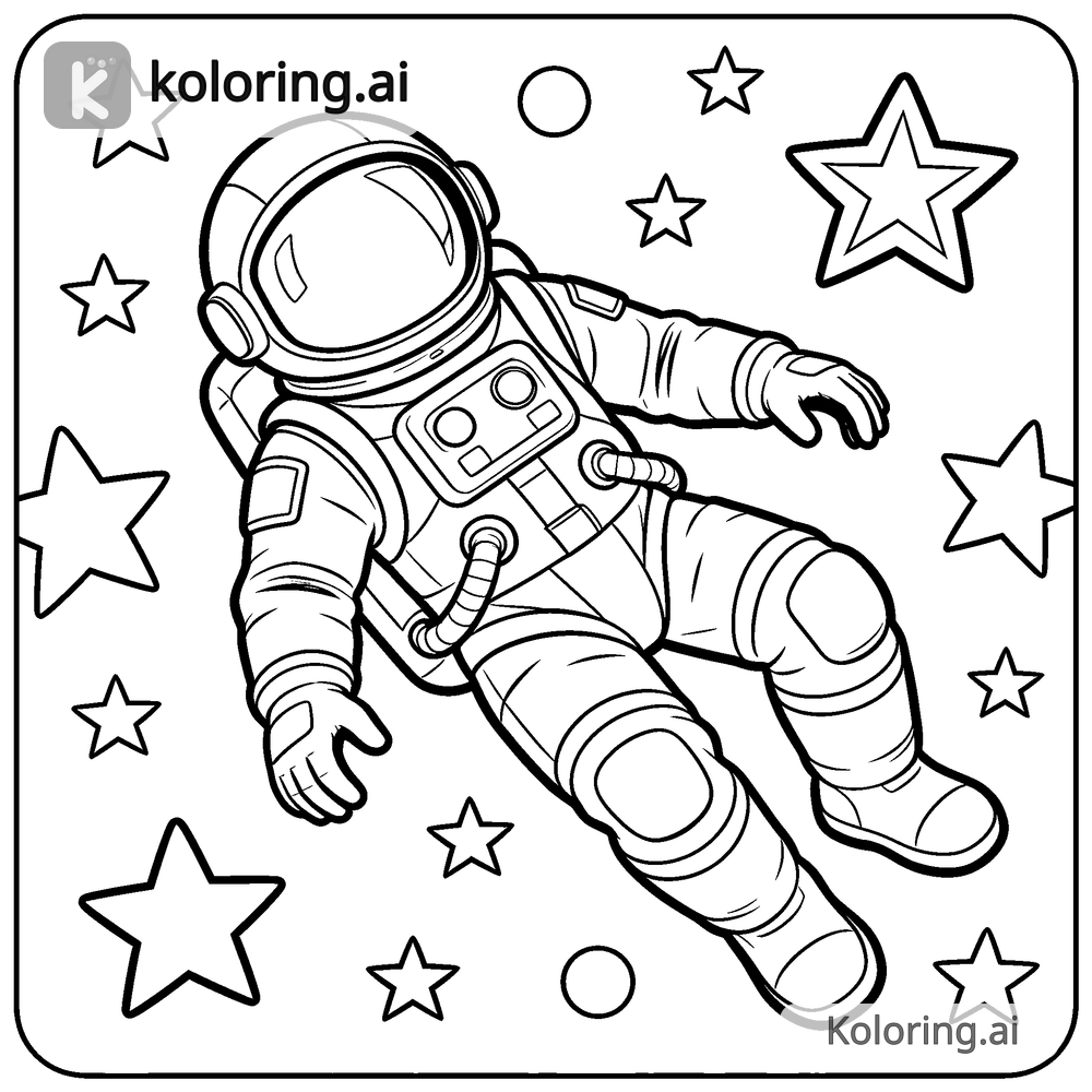 Black and white coloring page of astronaut floating among the stars
