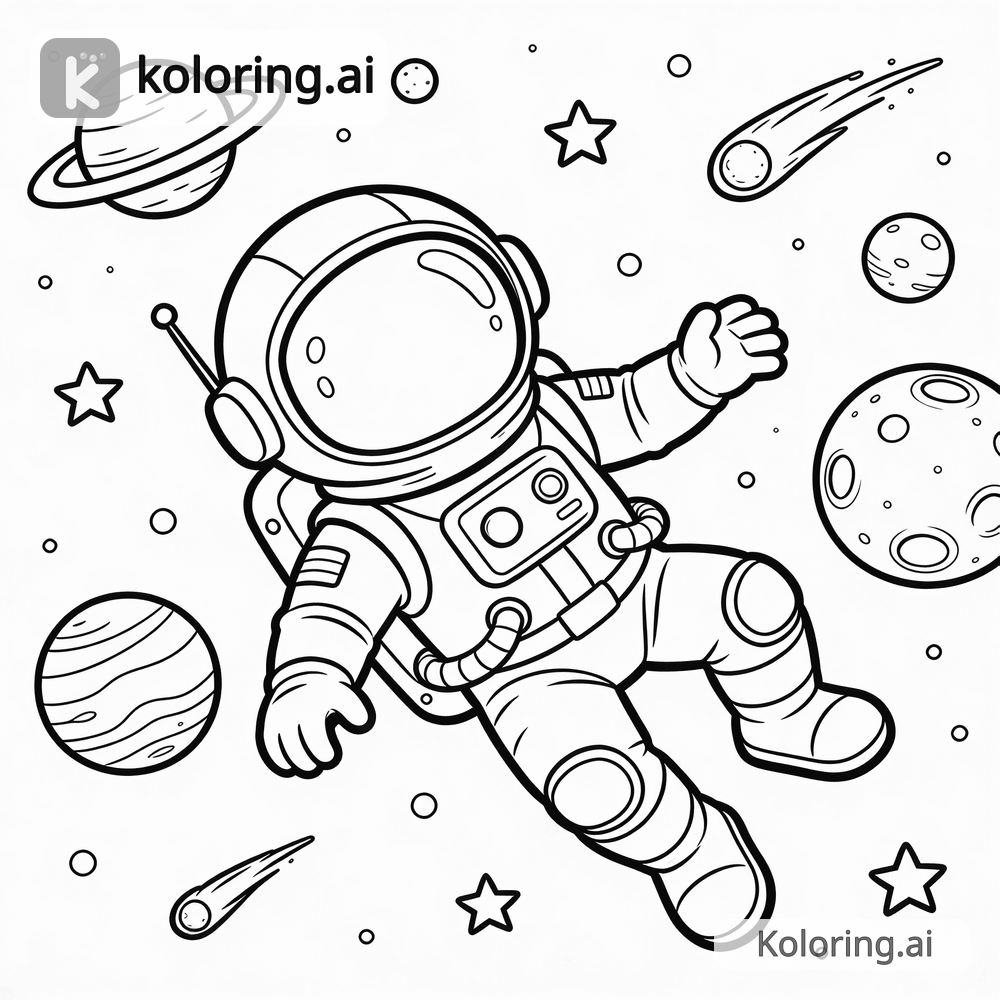 Black and white coloring page of astronaut floating in space with planets