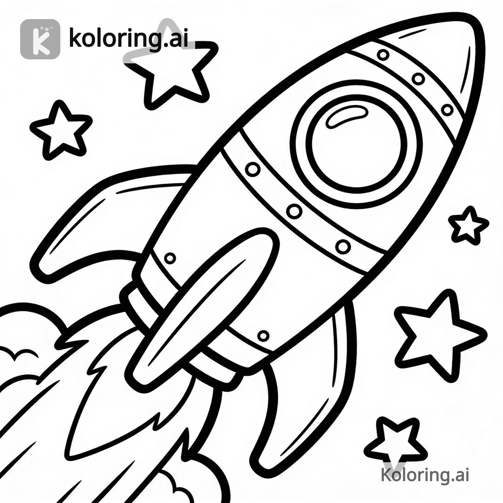 Black and white coloring page of rocket ship blasting off with stars