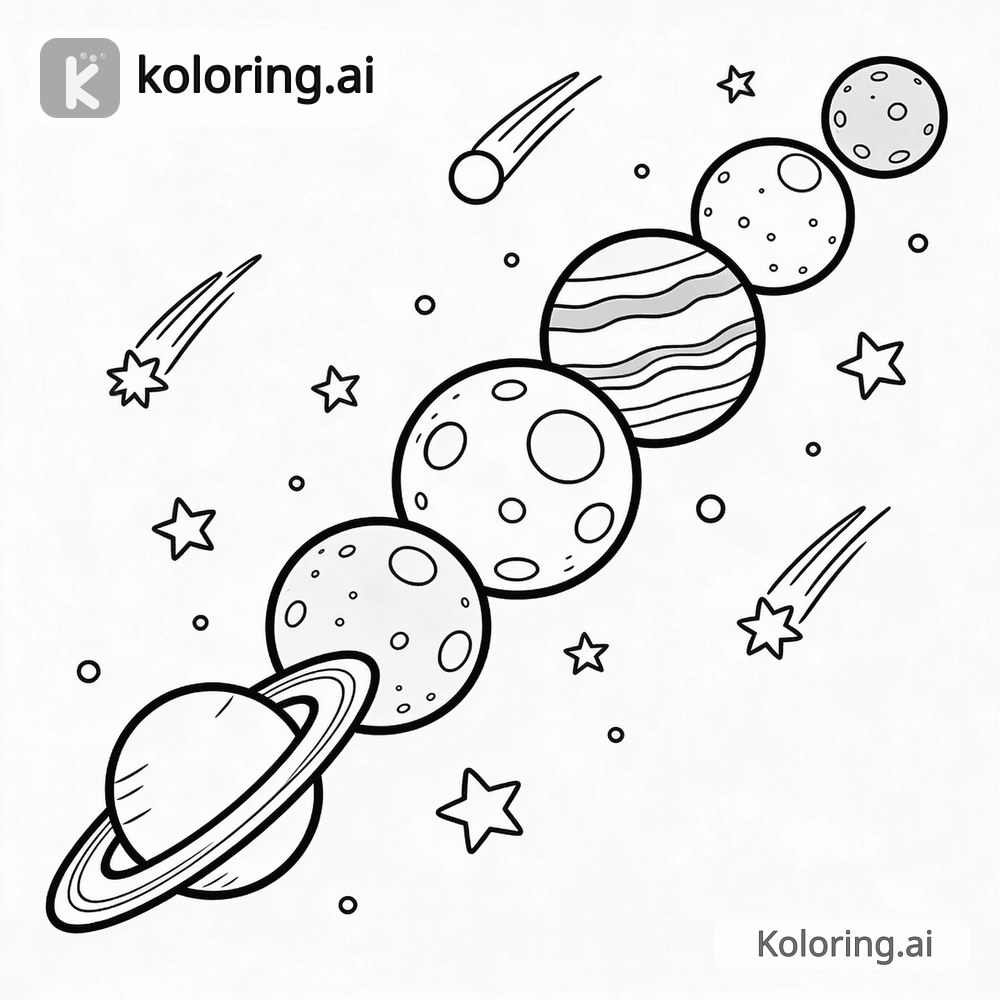 Black and white coloring page of solar system with all planets in a row