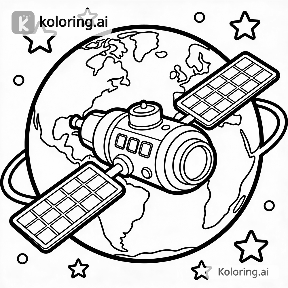 Black and white coloring page of space station orbiting earth