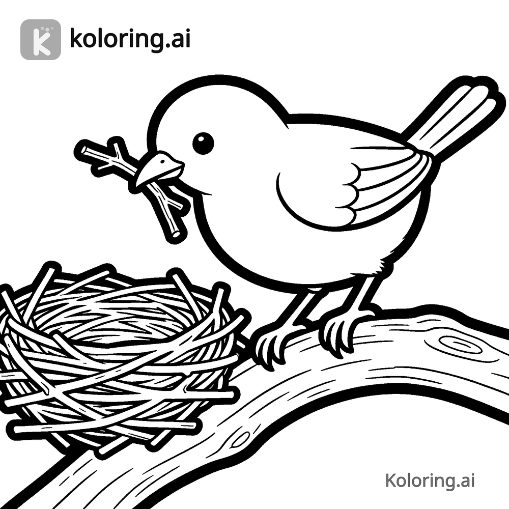 Black and white coloring page of bird building a nest on a branch