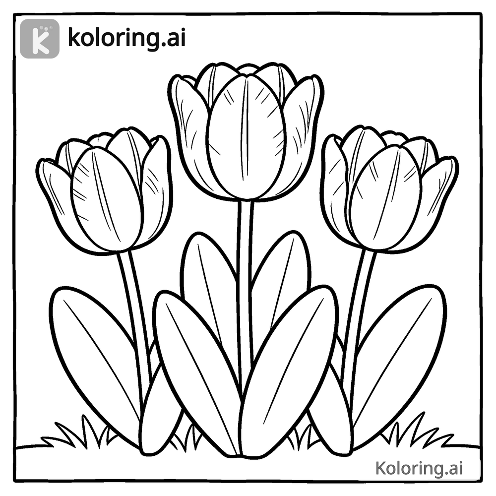 Black and white coloring page of blooming tulips in a garden