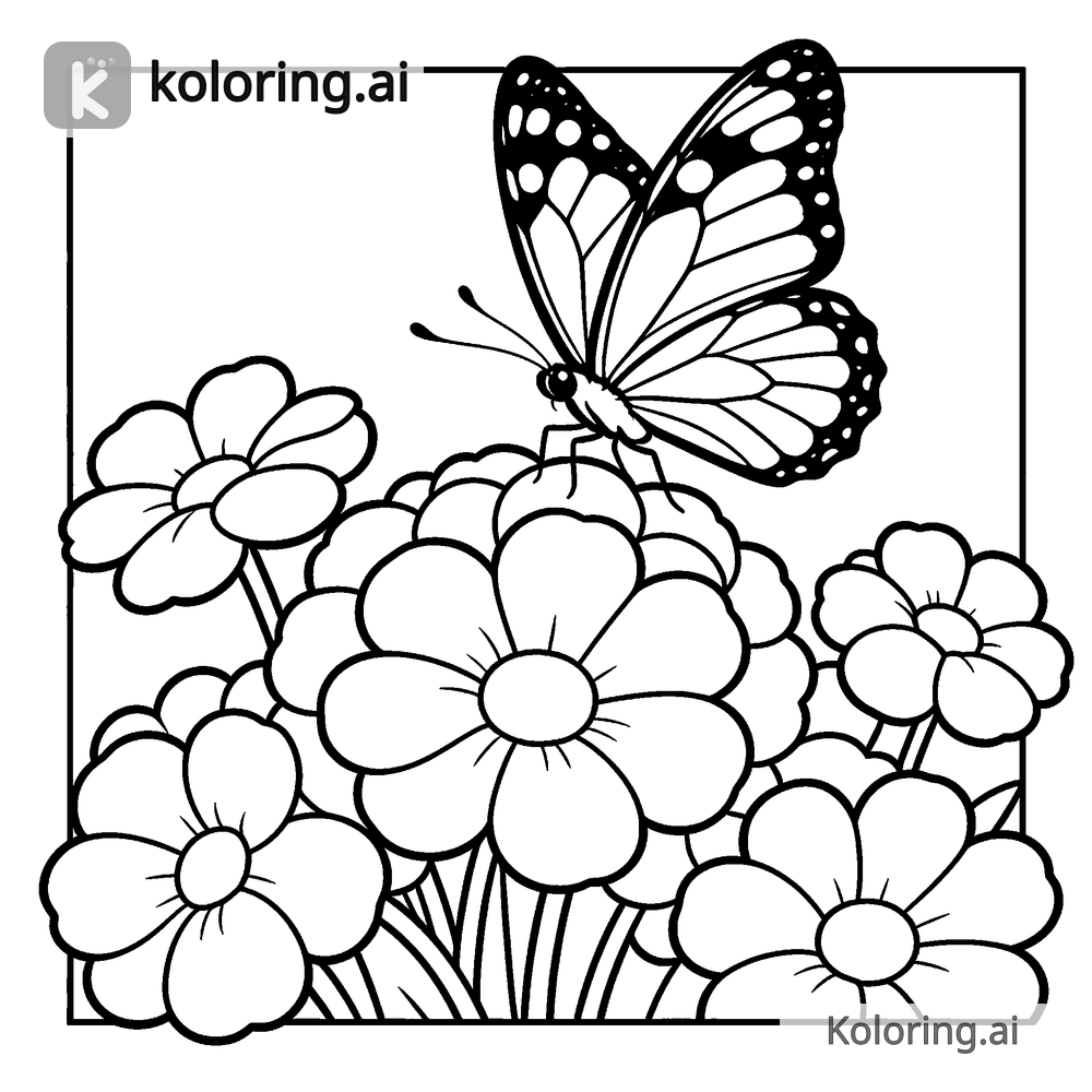 Black and white coloring page of butterfly over spring flowers