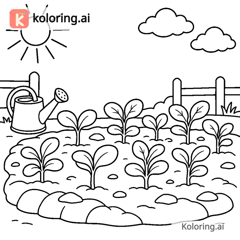 Black and white coloring page of fresh sprouts growing in a garden row