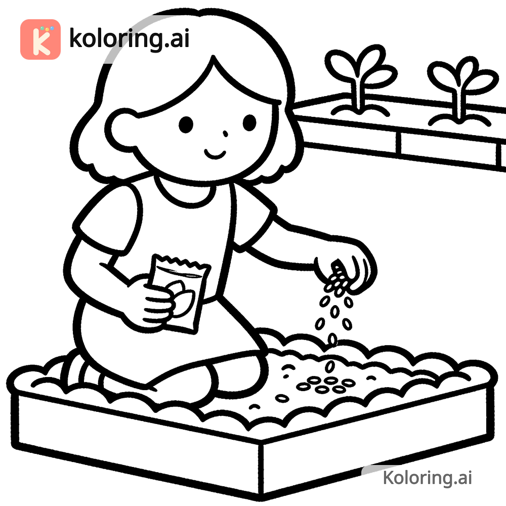 Black and white coloring page of girl planting seeds in a garden bed