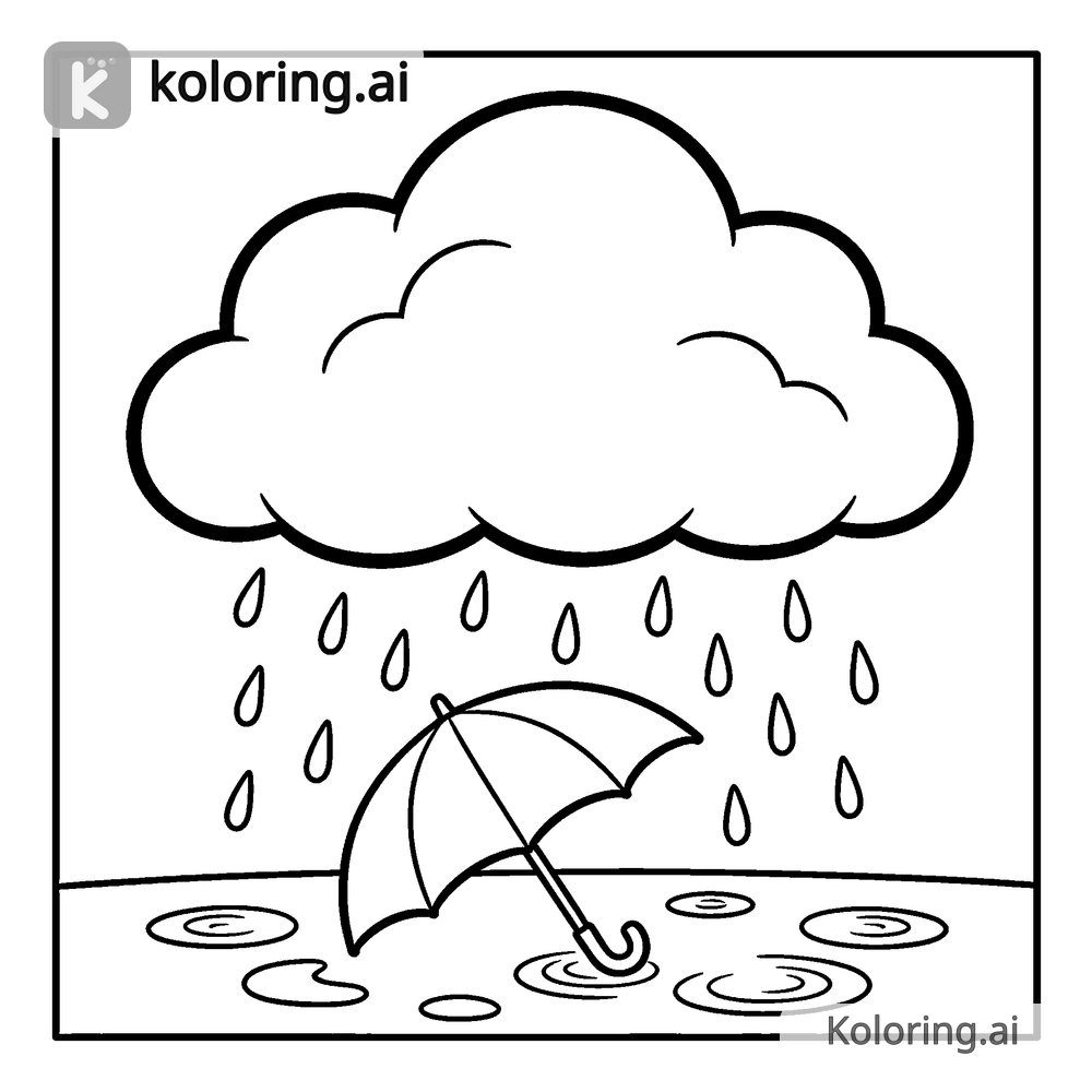 Black and white coloring page of rain cloud with umbrella and puddles