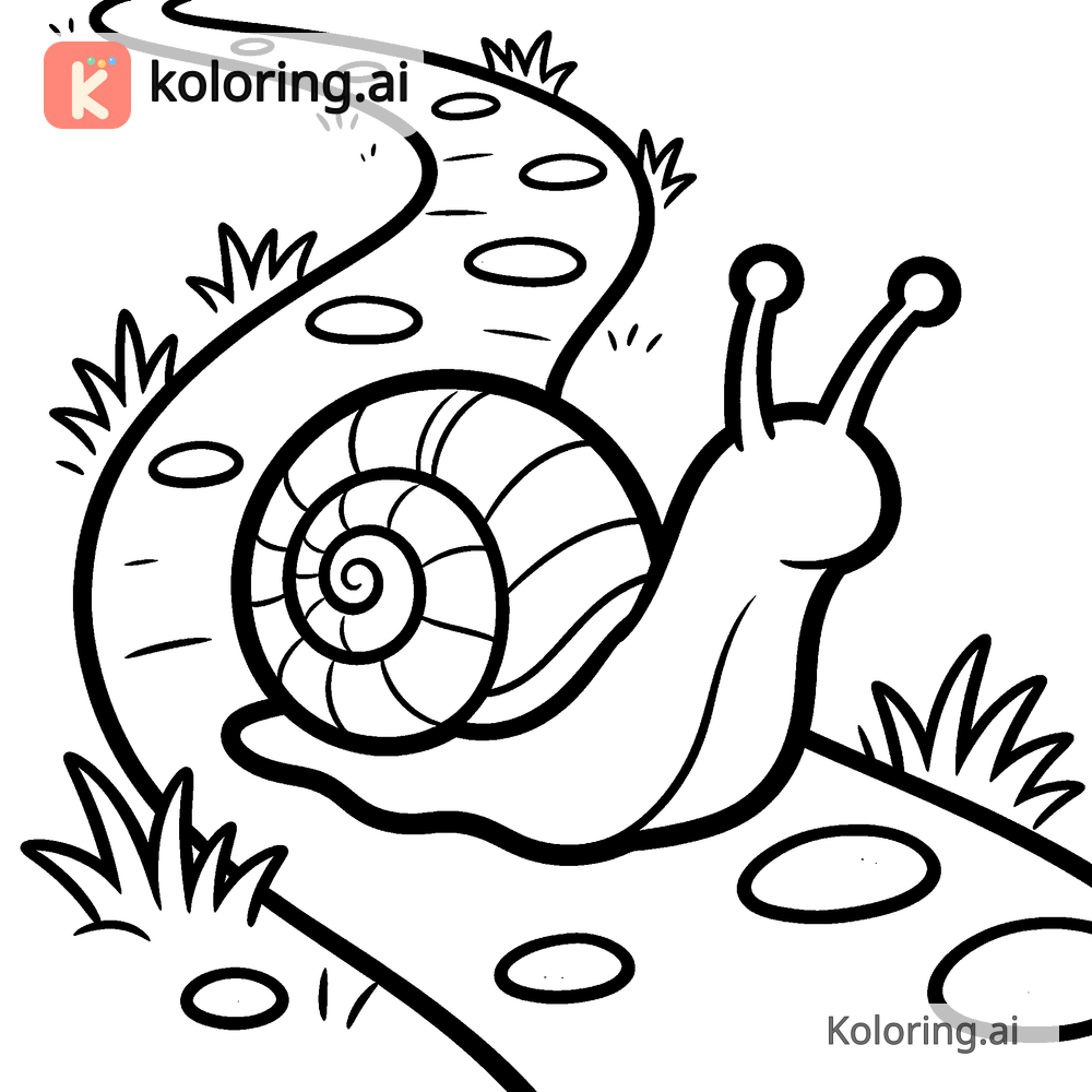 Black and white coloring page of snail crawling along a garden path