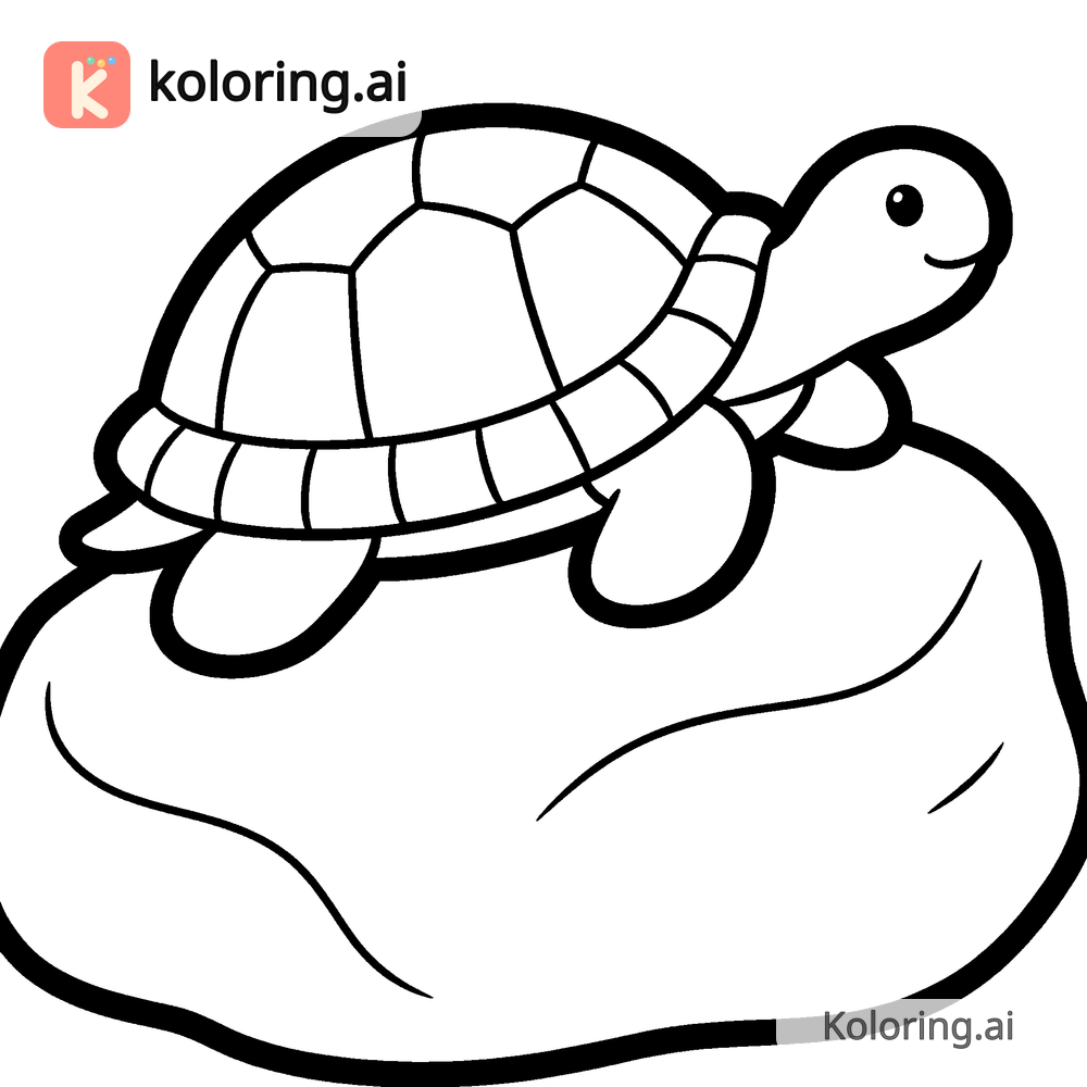 Black and white coloring page of turtle sunbathing on a garden rock