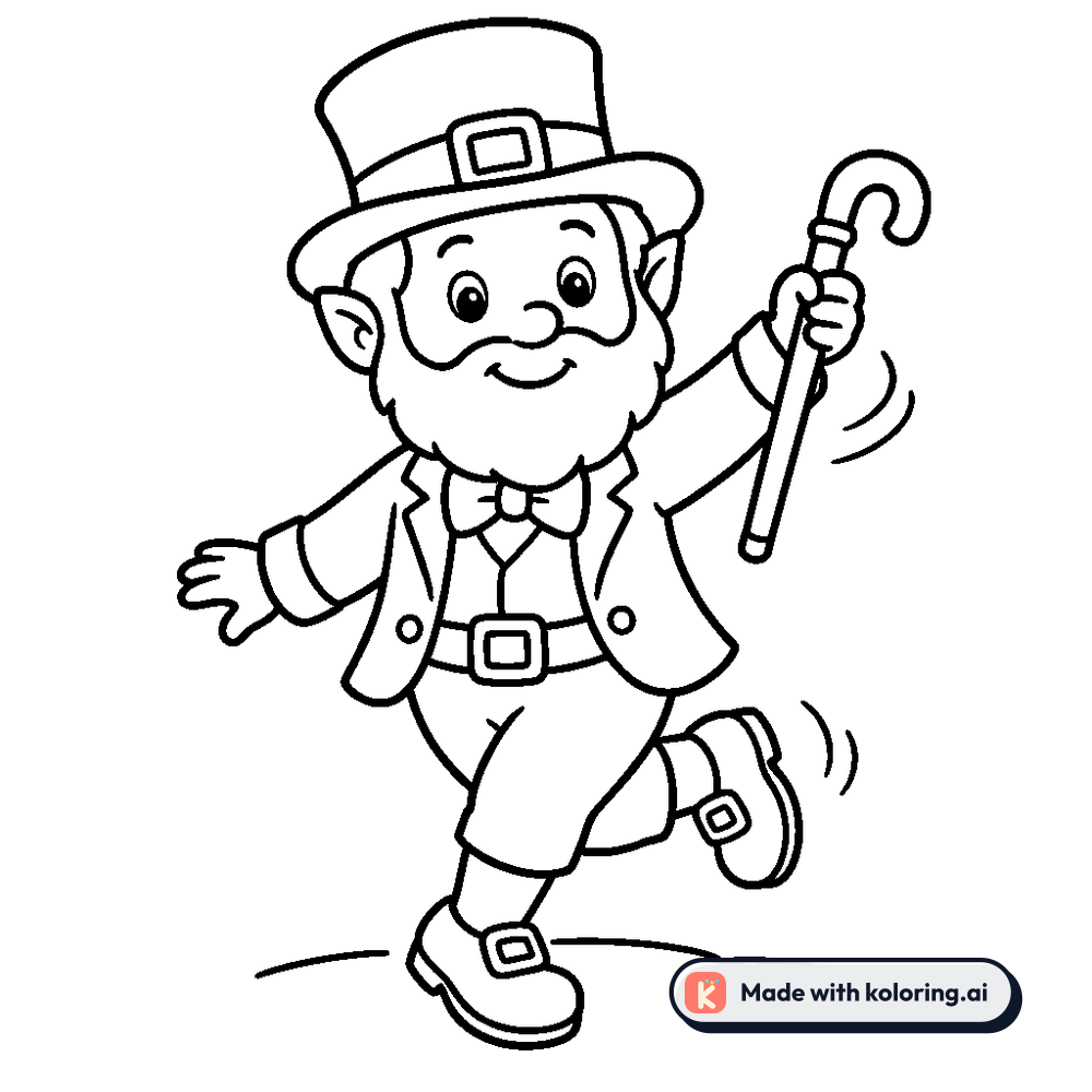 Black and white coloring page of dancing leprechaun twirling a walking cane