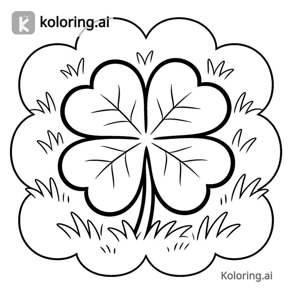 Black and white coloring page of four-leaf clover in a green meadow