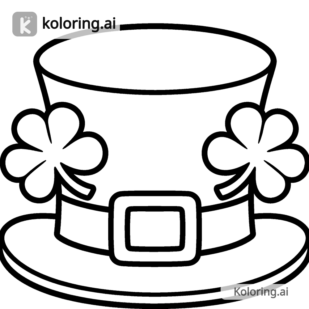 Black and white coloring page of leprechaun hat with a buckle and clovers