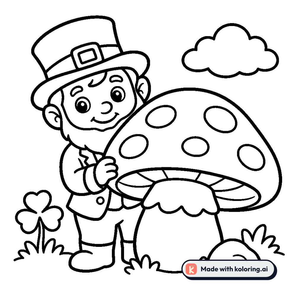 Black and white coloring page of leprechaun peeking from behind a mushroom