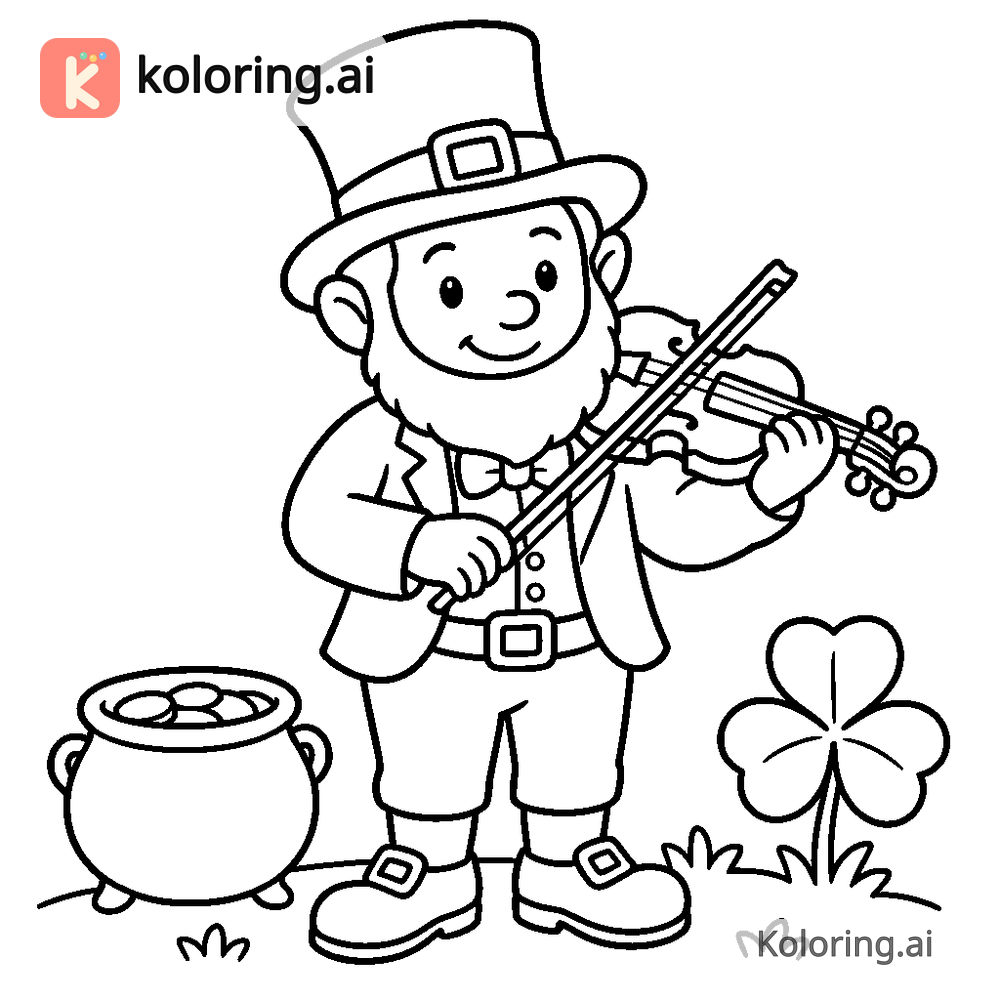 Black and white coloring page of leprechaun playing a tiny fiddle