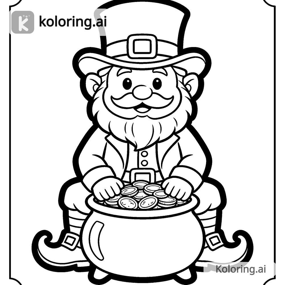 Black and white coloring page of leprechaun sitting on a pot of gold