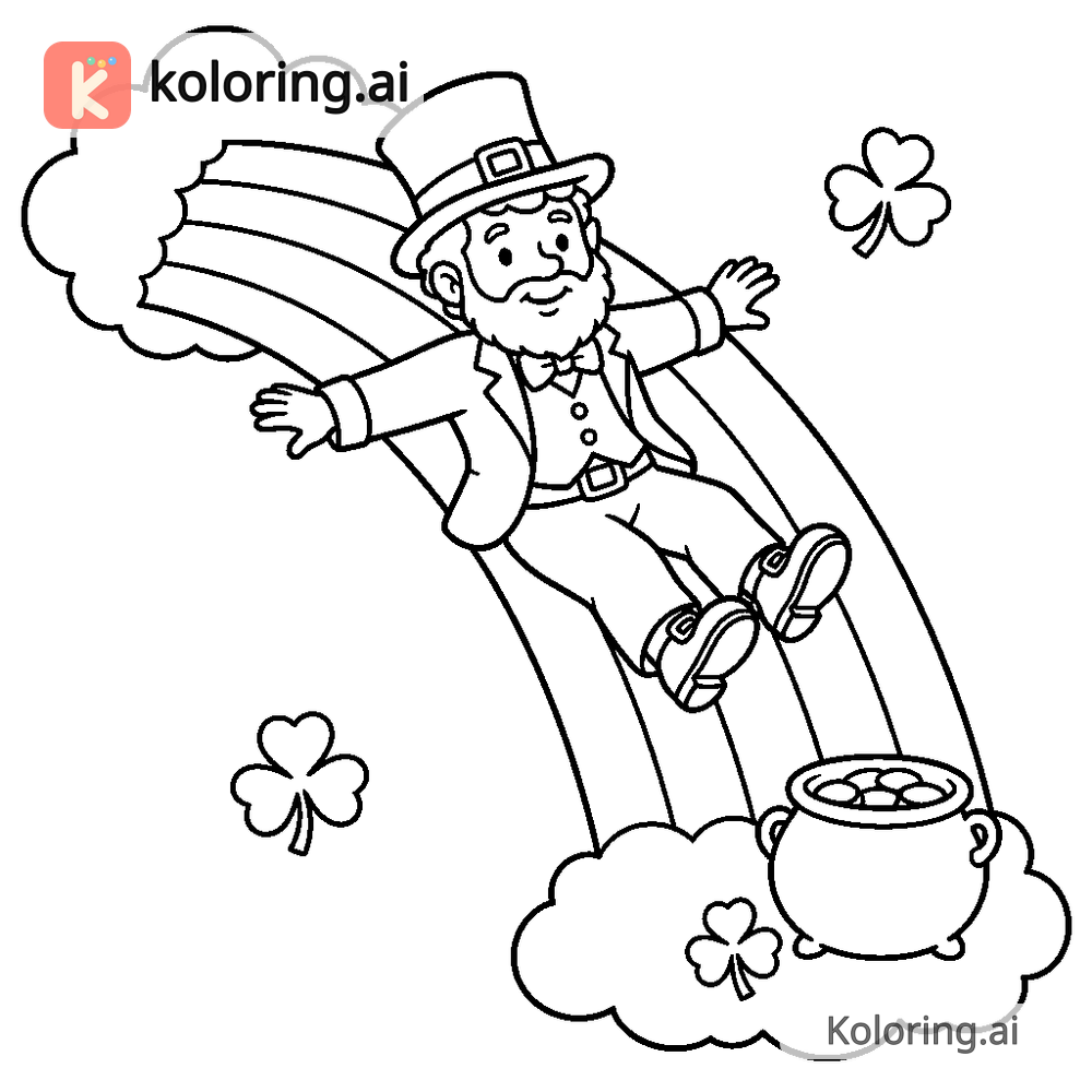 Leprechaun Sliding Down a Rainbow Coloring Page