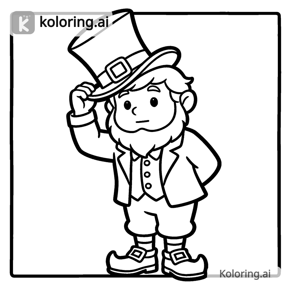 Black and white coloring page of leprechaun tipping his hat in greeting