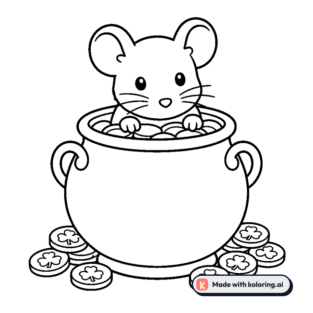 Black and white coloring page of mouse peeking out of a pot of gold