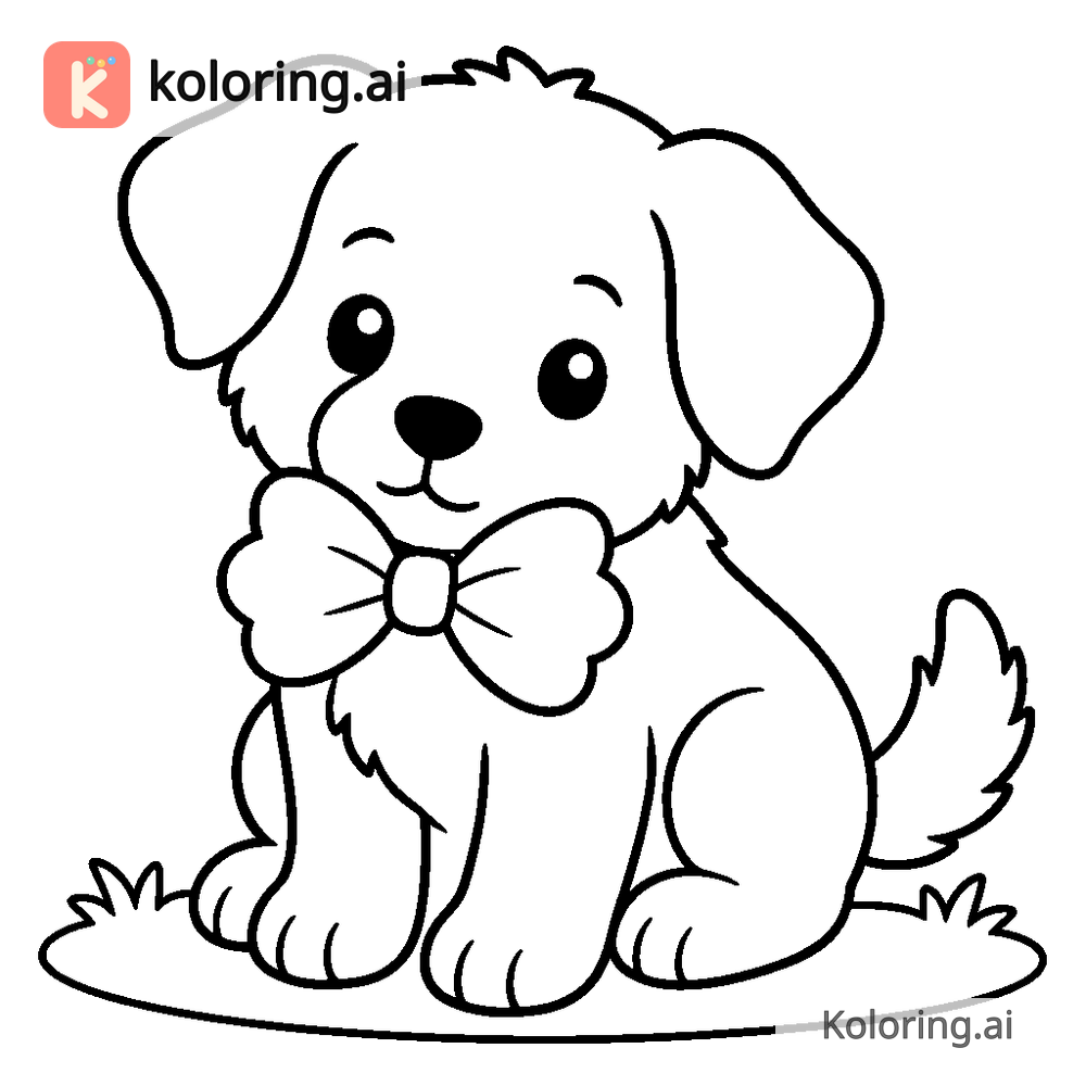 Black and white coloring page of puppy wearing a green clover bow tie